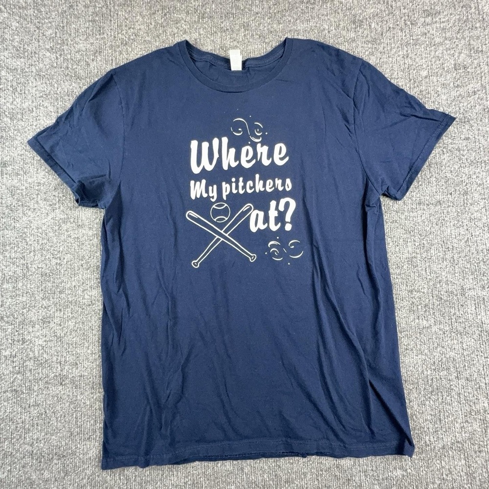 Fruit Of The Loom Shirt Mens Large Blue Where My Pitchers At 24 Baseball Tee